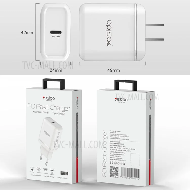 YESIDO YC23 USB C PD 18W High Power Wall Fast Charger Block Power Adapter - US Plug