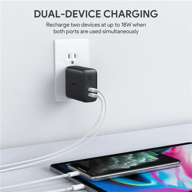 AUKEY PA-D2 36W Dual Port Type-C Power Adapter Type-C Wall Charger for Mobile Phones / Tablets, EU Plug