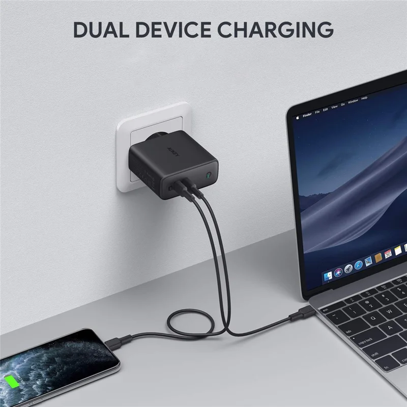 AUKEY PA-D5 Type-C Dual Port Charging Block PD 63W Wall Charger Fast Charging Power Adapter, EU Plug/Black