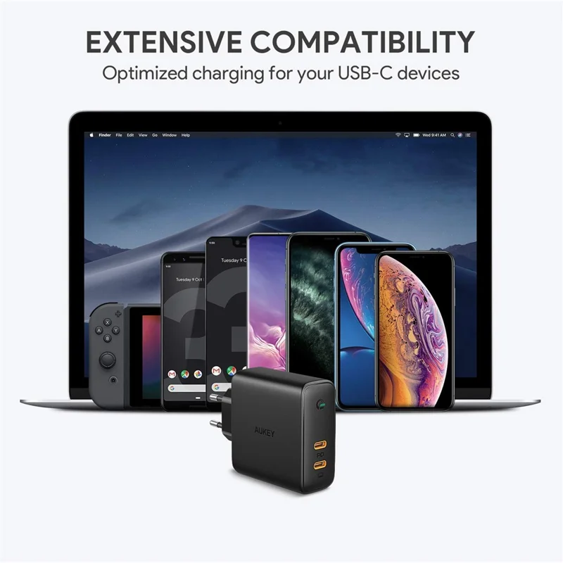 AUKEY PA-D5 Type-C Dual Port Charging Block PD 63W Wall Charger Fast Charging Power Adapter, EU Plug/Black