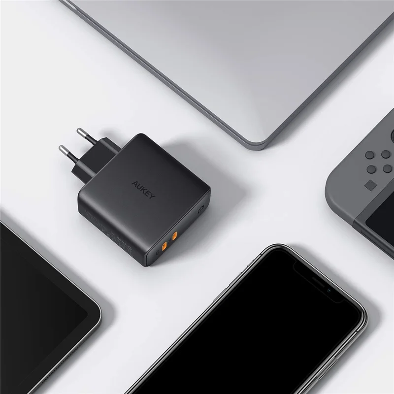 AUKEY PA-D5 Type-C Dual Port Charging Block PD 63W Wall Charger Fast Charging Power Adapter, EU Plug/Black