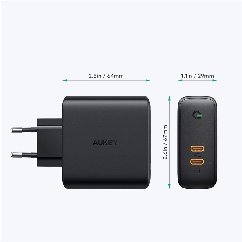 AUKEY PA-D5 Type-C Dual Port Charging Block PD 63W Wall Charger Fast Charging Power Adapter, EU Plug/Black