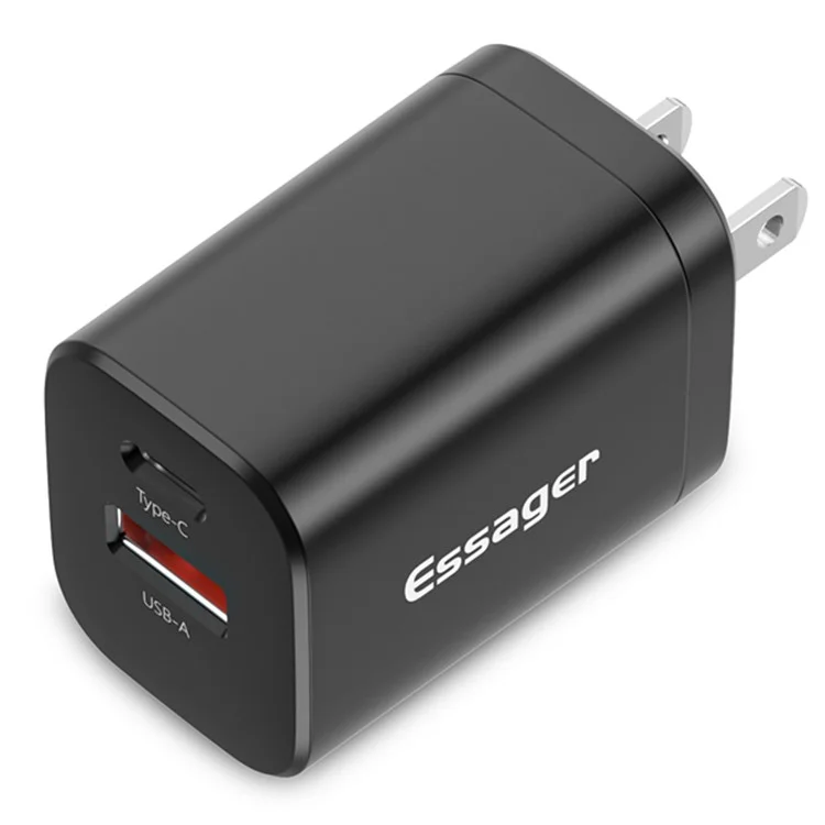 ESSAGER Type-C PD + USB-A QC3.0 30W Dual Ports Fast Charging Wall Charger Phone Charging Adapter - Black/US Plug