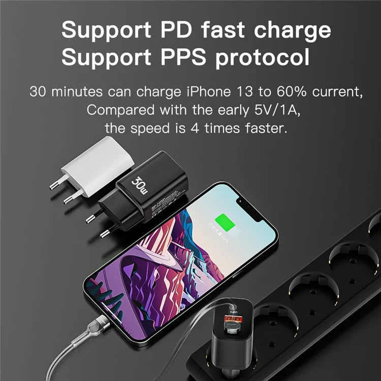 ESSAGER Type-C PD + USB-A QC3.0 30W Dual Ports Fast Charging Wall Charger Phone Charging Adapter - Black/US Plug