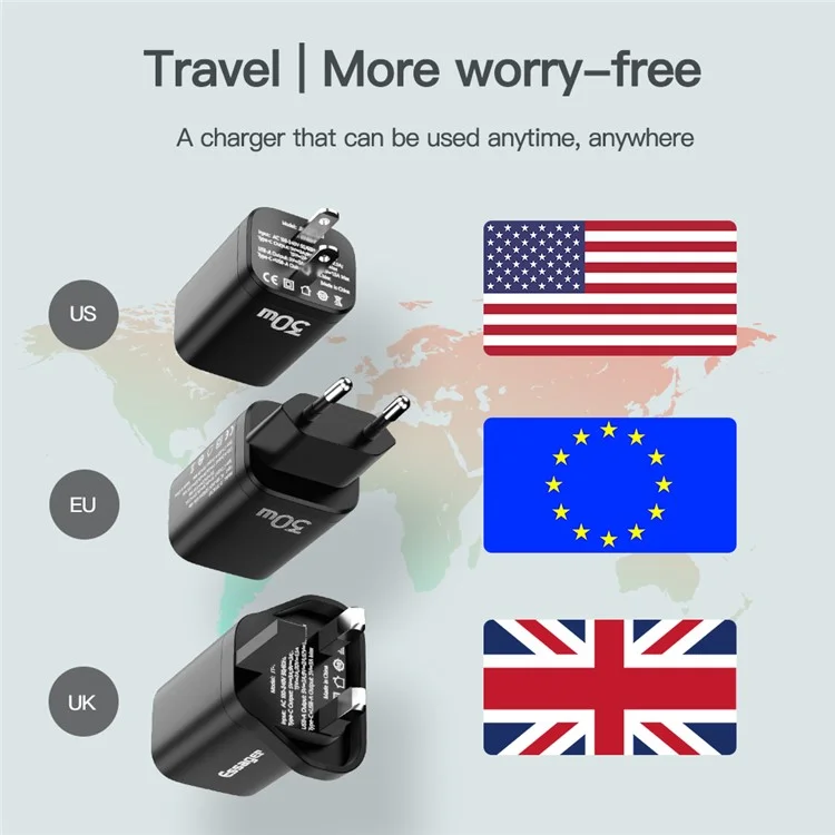 Essager Type-C PD + USB-A QC3.0 30W Double Ports Fast Charging Mur Charger Téléphone Adaptateur - Plug Black / us