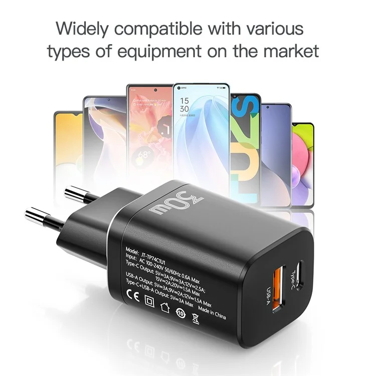 Essager Tipo c PD + USB-A QC3.0 30W Portas Duplas Charging Fast Charger Charging Charging Adapter - Black/US Plug