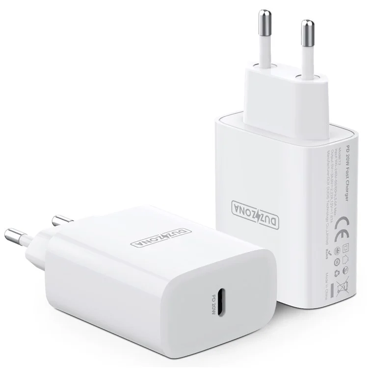 Carregador de Parede de Viagem DUZZONA T3 PD 20W Fast Charging, Adaptador de Alimentação Tipo C, Plugue EU