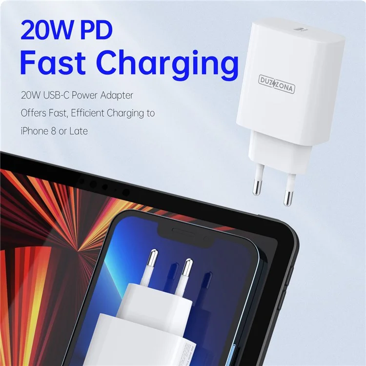 Carregador de Parede de Viagem DUZZONA T3 PD 20W Fast Charging, Adaptador de Alimentação Tipo C, Plugue EU