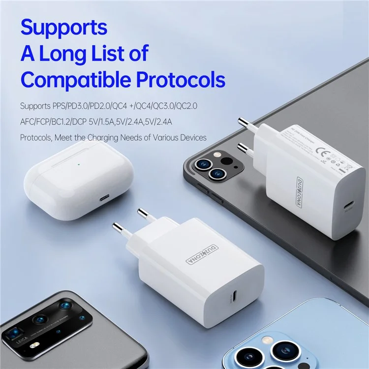 Carregador de Parede de Viagem DUZZONA T3 PD 20W Fast Charging, Adaptador de Alimentação Tipo C, Plugue EU
