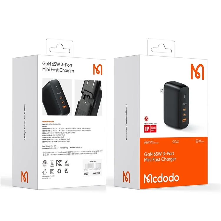 Mcdodo MDD 65W Gan USB-A + 2 USB-C Adaptateur de Puissance de Chargeur Mural USB-C