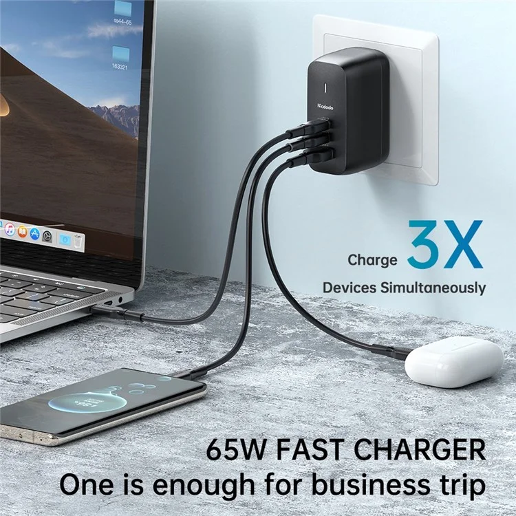 Mcdodo MDD 65W Gan USB-A + 2 USB-C Adaptateur de Puissance de Chargeur Mural USB-C