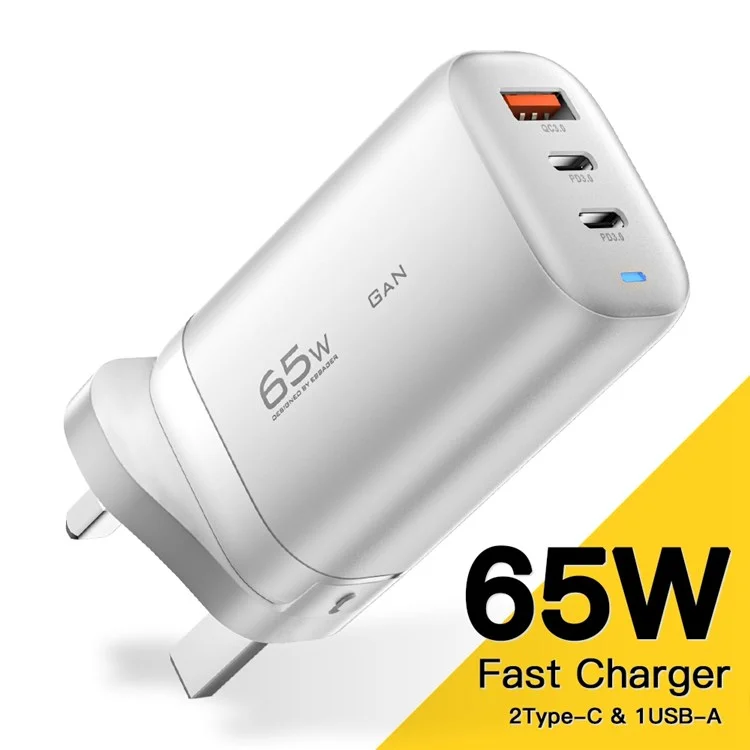 Essager 65W Gan Travel Ladedock 2 Typ-c+1 USB UK Stecker Wall-ladegerät [mit Ce-zertifikat] - Weiß