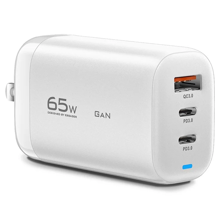 Essager 65W Gan Travel Lading Dock USB-C+USB-A 3-Port Us-stecker Compact Usb-wandladegerät Power Adapter [mit Ce-zertifikat] - Weiß