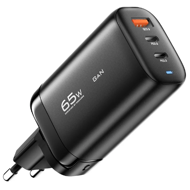 ESSAGER 65W GaN Travel Charging Dock Power Adapter 2-Output Type-C+ USB-A EU Plug Wall Charger [with CE Certificate] for Tablets / Smartphones - Black