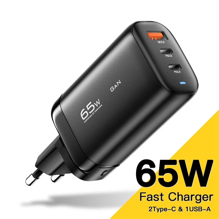 ESSAGER 65W GaN Travel Charging Dock Power Adapter 2-Output Type-C+ USB-A EU Plug Wall Charger [with CE Certificate] for Tablets / Smartphones - Black