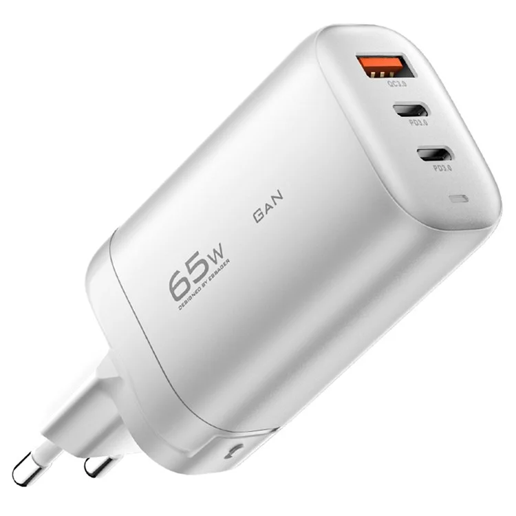 Adaptador de carregamento de viagem ESSAGER 65W GaN, dock de carregamento de parede com 2 portas Type-C + USB-A, plugue UE [com certificado CE] para tablets/smartphones - Branco