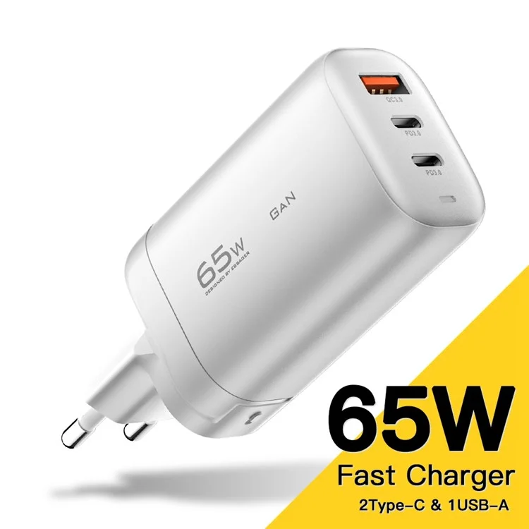 Adaptador de carregamento de viagem ESSAGER 65W GaN, dock de carregamento de parede com 2 portas Type-C + USB-A, plugue UE [com certificado CE] para tablets/smartphones - Branco