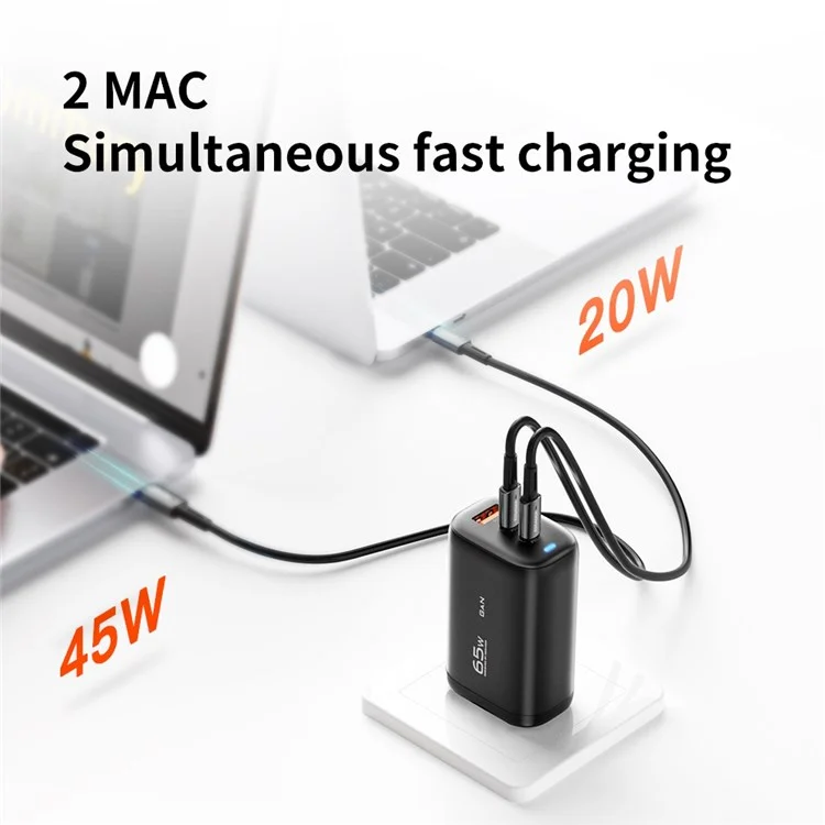 Adaptador de carregamento de viagem ESSAGER 65W GaN, dock de carregamento de parede com 2 portas Type-C + USB-A, plugue UE [com certificado CE] para tablets/smartphones - Branco