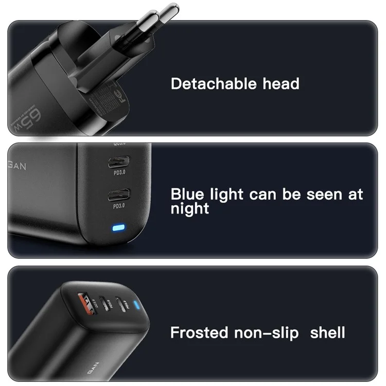 Adaptador de carregamento de viagem ESSAGER 65W GaN, dock de carregamento de parede com 2 portas Type-C + USB-A, plugue UE [com certificado CE] para tablets/smartphones - Branco