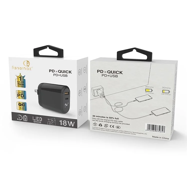 FONEMAX FMS-18W QC +PD Dual-Port 18W Type-C Adapter Wall Charger Travel Charger - US Plug