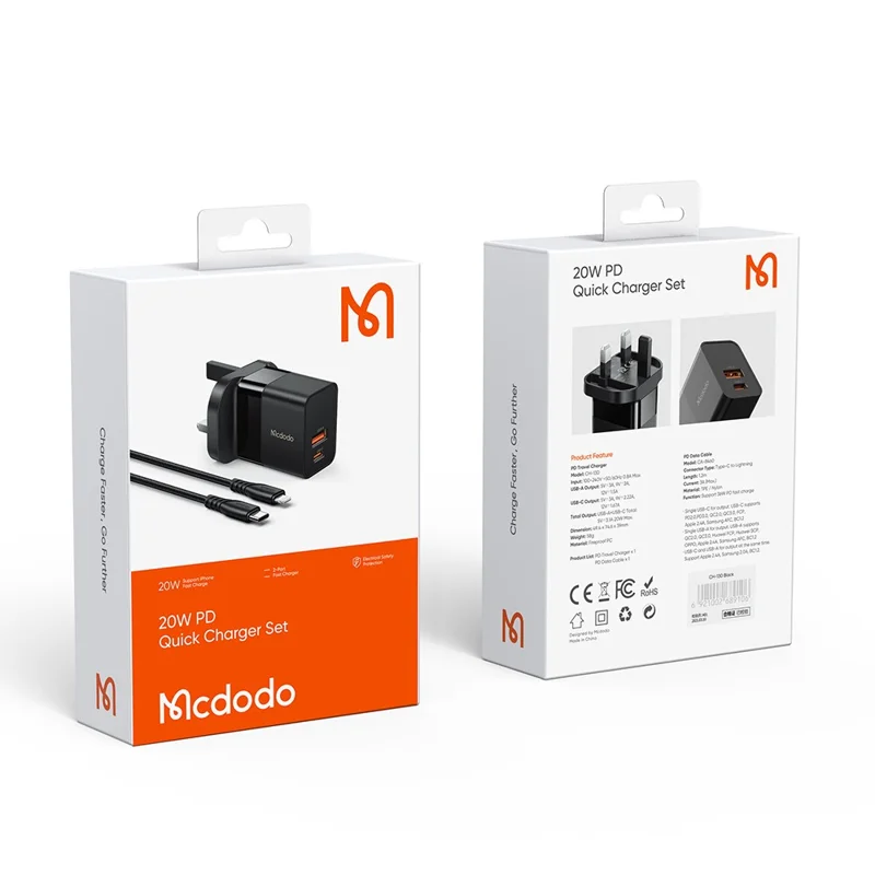 MCDODO MDD Hydrogen Series USB-A + Type-C PD 20W Phone Fast Charging Adapter Wall Charger with Cable - UK Plug/Black