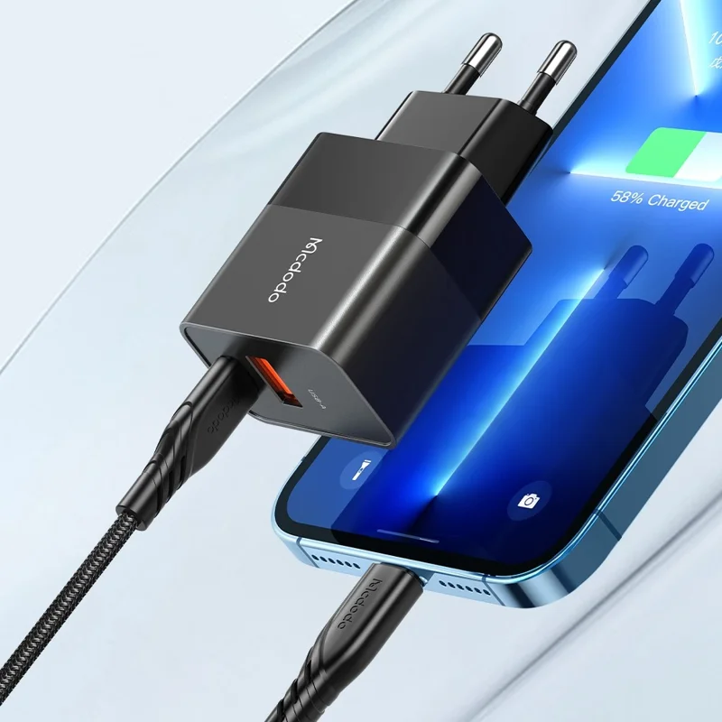 MCDODO MDD Hydrogen Series USB-A + Type-C PD 20W Phone Fast Charging Adapter Wall Charger with Cable - Plugue da UE/Preto