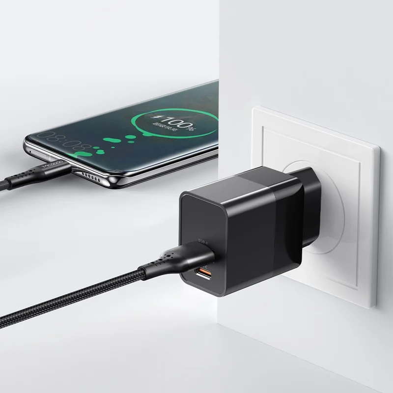 MCDODO MDD Hydrogen Series USB-A + Type-C PD 20W Phone Fast Charging Adapter Wall Charger with Cable - Plugue da UE/Preto