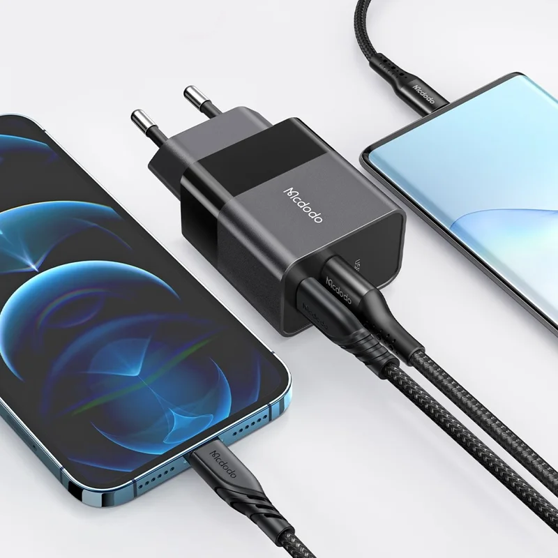 MCDODO MDD Hydrogen Series USB-A + Type-C PD 20W Phone Fast Charging Adapter Wall Charger with Cable - Plugue da UE/Preto