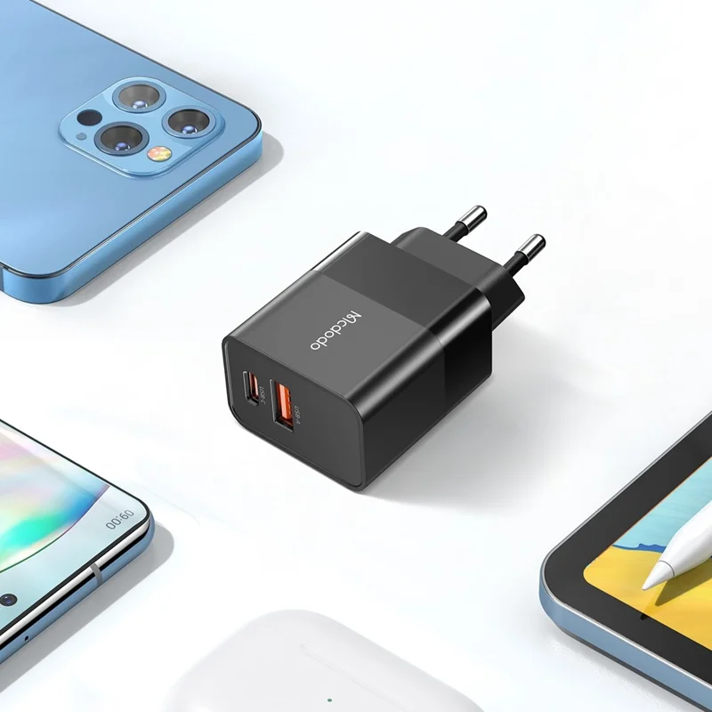 MCDODO MDD Hydrogen Series USB-A + Type-C PD 20W Phone Fast Charging Adapter Wall Charger with Cable - Plugue da UE/Preto