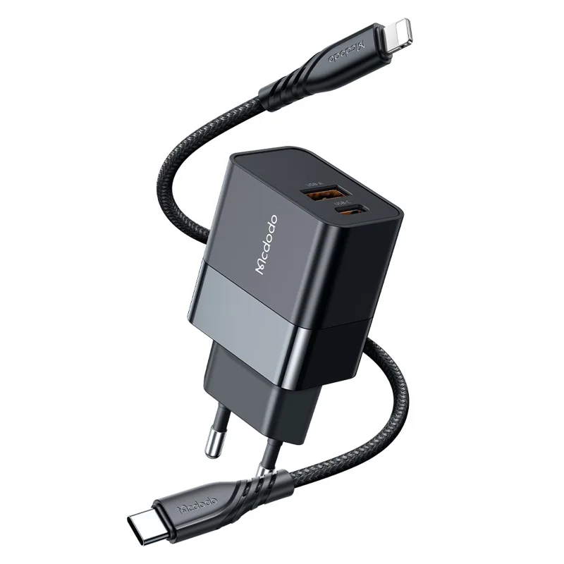 MCDODO MDD Hydrogen Series USB-A + Type-C PD 20W Phone Fast Charging Adapter Wall Charger with Cable - Plugue da UE/Preto