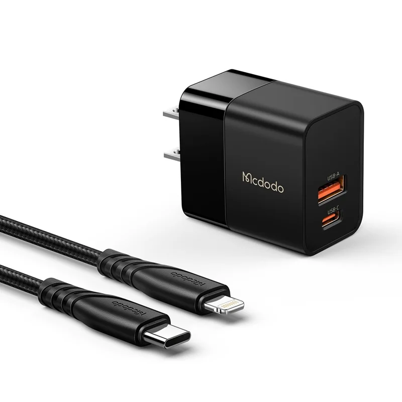 MCDODO MDD Hydrogen Series USB-A + Type-C PD 20W Phone Fast Charging Adapter Wall Charger with Cable - Plugue US/Preto