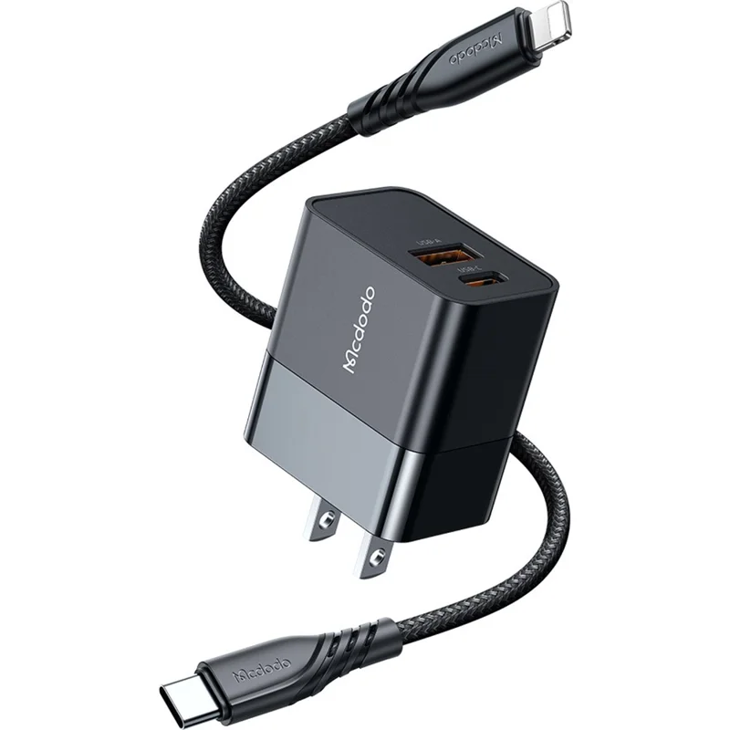 MCDODO MDD Hydrogen Series USB-A + Type-C PD 20W Phone Fast Charging Adapter Wall Charger with Cable - Plugue US/Preto