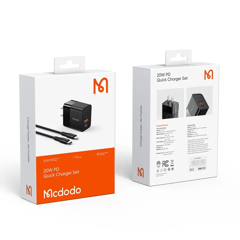 MCDODO MDD Hydrogen Series USB-A + Type-C PD 20W Phone Fast Charging Adapter Wall Charger with Cable - Plugue US/Preto