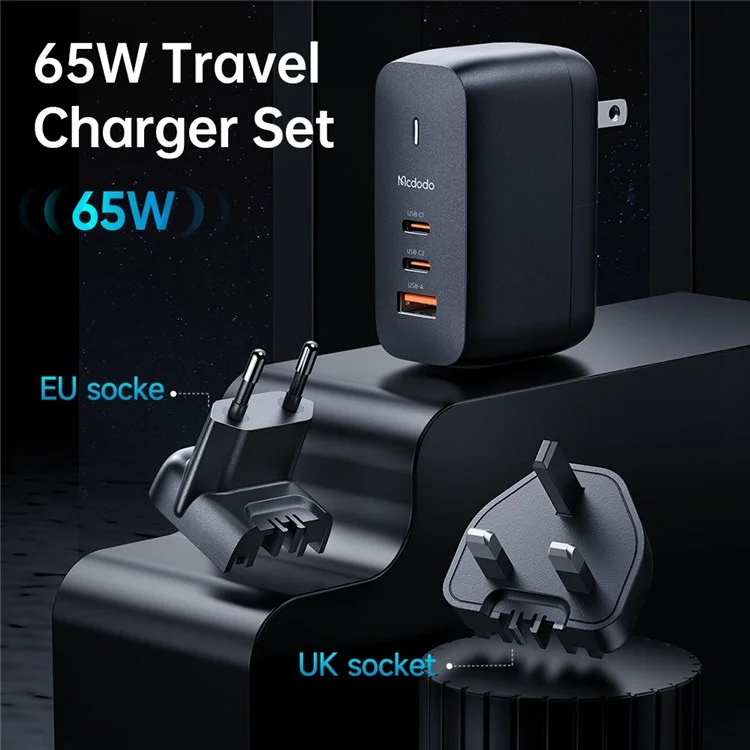 MCDODO CH-8442 MDD Mecha Série US Plug 65W Gan3.0 Adaptateur de Chargeur de Voyage Usb Double Type-C + Avec Câble Type-C et Plug uk - le Noir