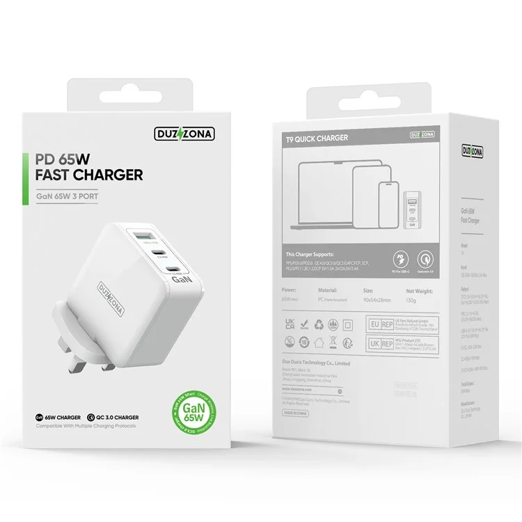 DUZZONA T9 PD 65W GaN Fast Charger 2 USB-C Ports + 1 USB-A Port Laptop Power Adapter Phone Charging Adapter (UKCA// CE / RoHS Certified) - Spina UK