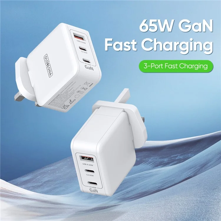 DUZZONA T9 PD 65W GaN Fast Charger 2 USB-C Ports + 1 USB-A Port Laptop Power Adapter Phone Charging Adapter (UKCA// CE / RoHS Certified) - Spina UK
