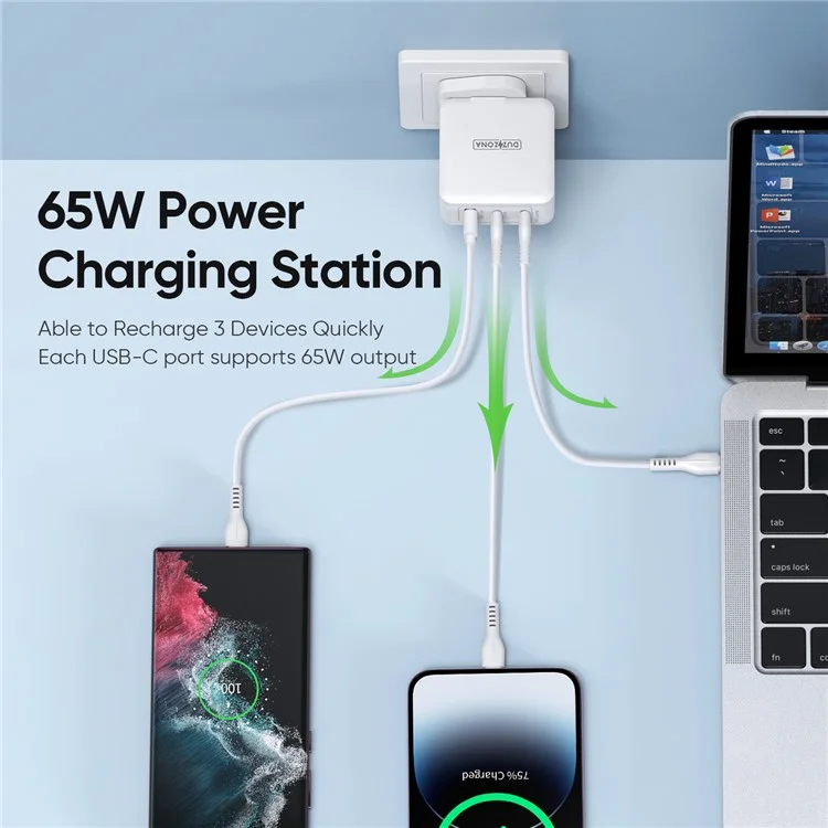 DUZZONA T9 PD 65W GaN Fast Charger 2 USB-C Ports + 1 USB-A Port Laptop Power Adapter Phone Charging Adapter (UKCA// CE / RoHS Certified) - Spina UK