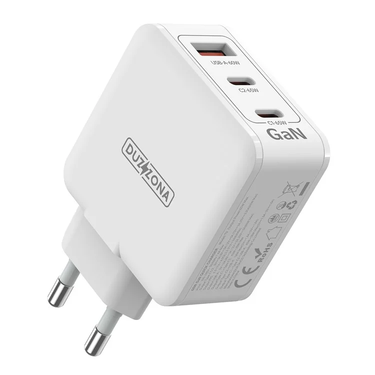 Duzzona T9 PD 65W 3 Port USB C Gan Wall Carregor PPS PD Adaptador de Energia do Carregador Rápido (CE / UKCA / Certificado Rohs) - Plugue da ue