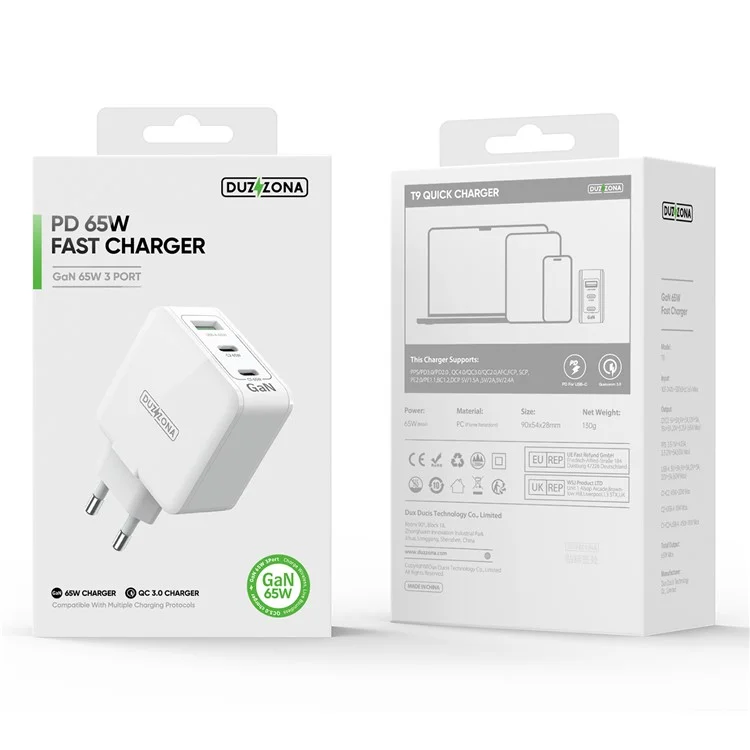 DUZZONA T9 PD 65W 3 Port USB C GaN Wall Charger PPS PD Fast Charger Power Adapter (CE / UKCA / RoHS Certified) - EU Plug