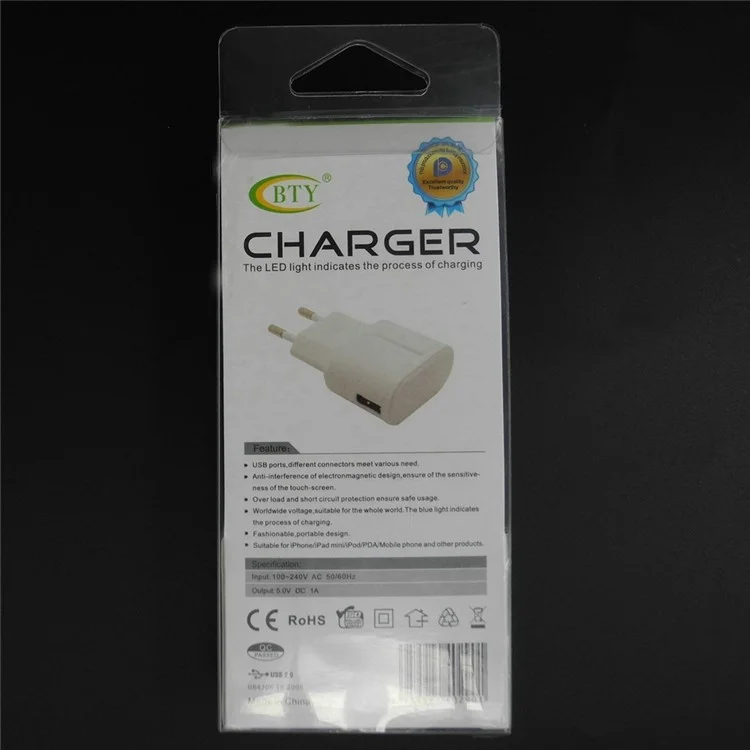 BTY M501 5V 1A EU Plug USB Travel Wall Charger for Smartphones and Tablets