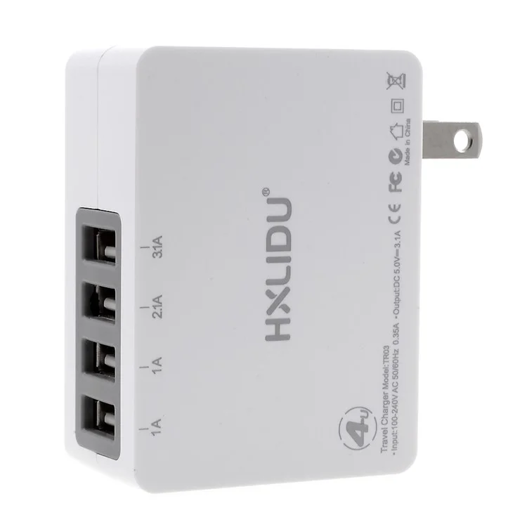 HXLIDU 3.1A 4-Potrt USB Travel Charger Adapter with Foldable US Plug RoHS/FCC/LVD/EMC Certified