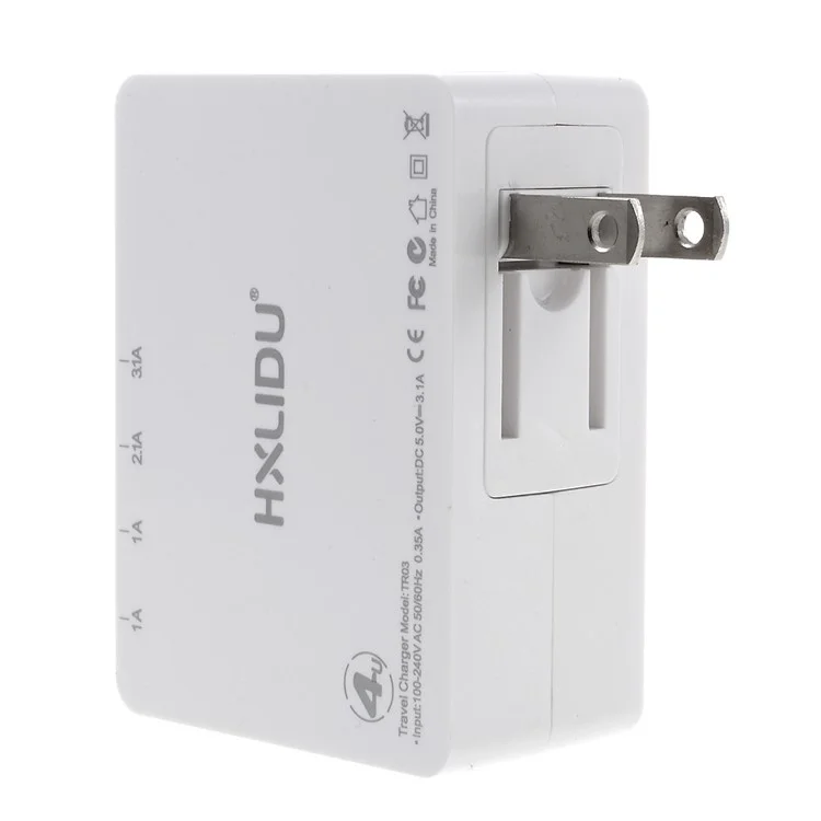 HXLIDU 3.1A 4-Potrt USB Travel Charger Adapter with Foldable US Plug RoHS/FCC/LVD/EMC Certified