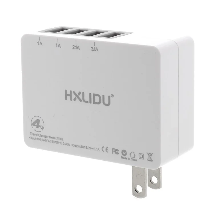 HXLIDU 3.1A 4-Potrt USB Travel Charger Adapter with Foldable US Plug RoHS/FCC/LVD/EMC Certified