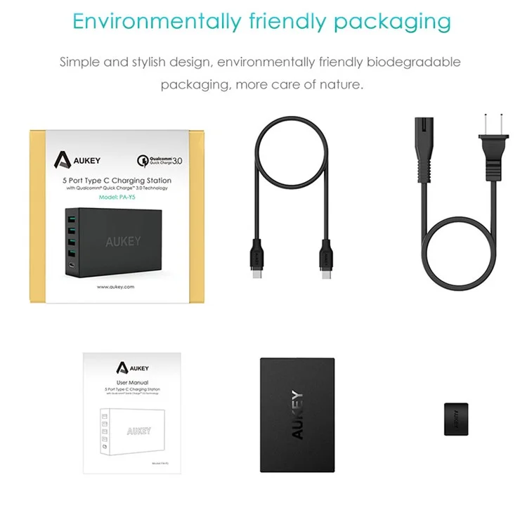 AUKEY PA-Y5 5-port 4 USB Ports + 1 Type-C Port Wall Charger with Quick Charge 3.0 & AIPower - US Plug