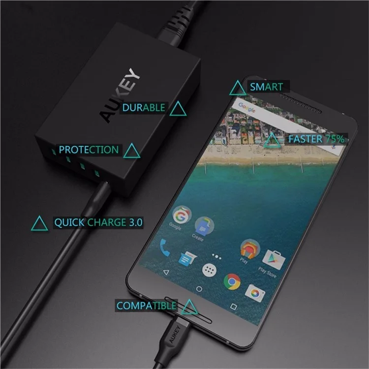 AUKEY PA-Y5 5-port 4 USB Ports + 1 Type-C Port Wall Charger with Quick Charge 3.0 & AIPower - US Plug