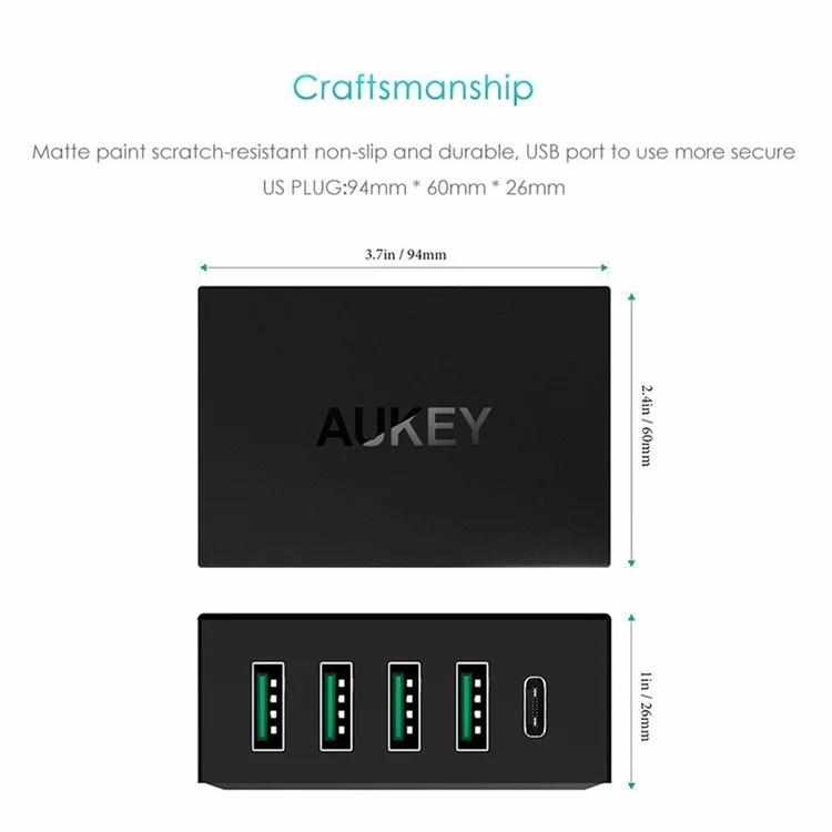 AUKEY PA-Y5 5-port 4 USB Ports + 1 Type-C Port Wall Charger with Quick Charge 3.0 & AIPower - US Plug