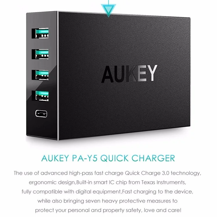 AUKEY PA-Y5 5-port 4 USB Ports + 1 Type-C Port Wall Charger with Quick Charge 3.0 & AIPower - US Plug