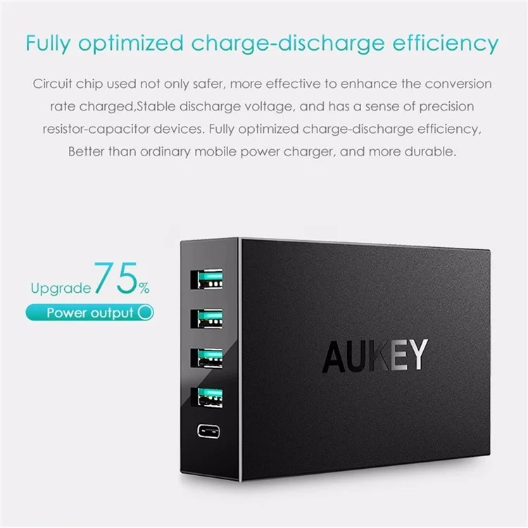 AUKEY PA-Y5 5-port 4 USB Ports + 1 Type-C Port Wall Charger with Quick Charge 3.0 & AIPower - US Plug