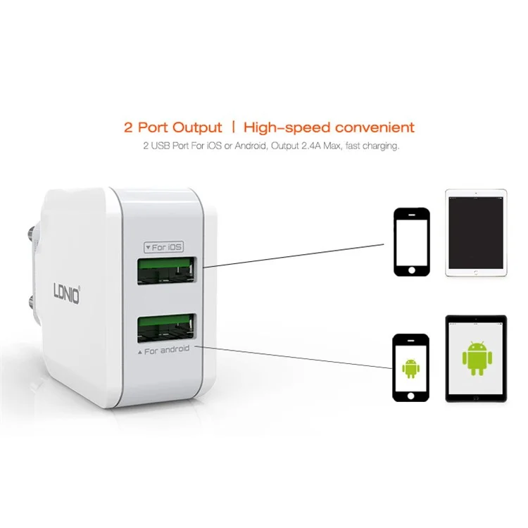 LDNIO A2202 2.4A Dual USB Wall Charger Adapter for Home Travel Office - EU Plug