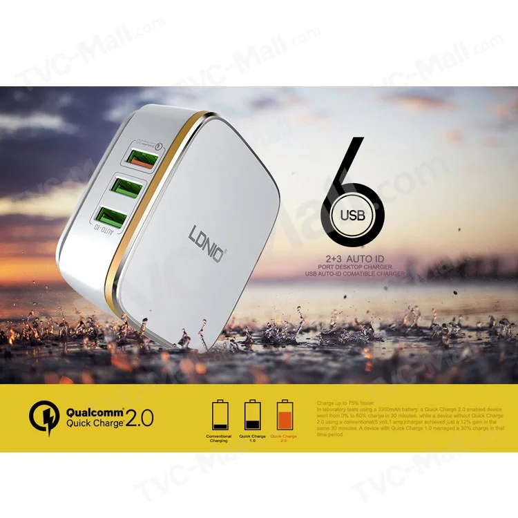 LDNIO A6704 6-port USB Quick Charge 2.0 Wall Travel Charger CE ROHS for iPhone Samsung - UK Plug